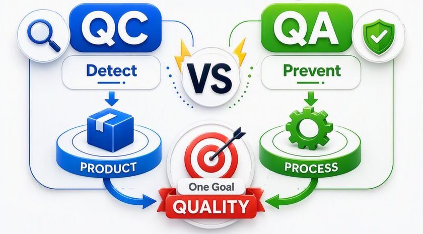 QA and QC workflow infographic showing Quality Control (QC) detecting product defects through inspection and testing, while Quality Assurance (QA) prevents defects through process improvement, with both disciplines working together toward a common goal of quality.