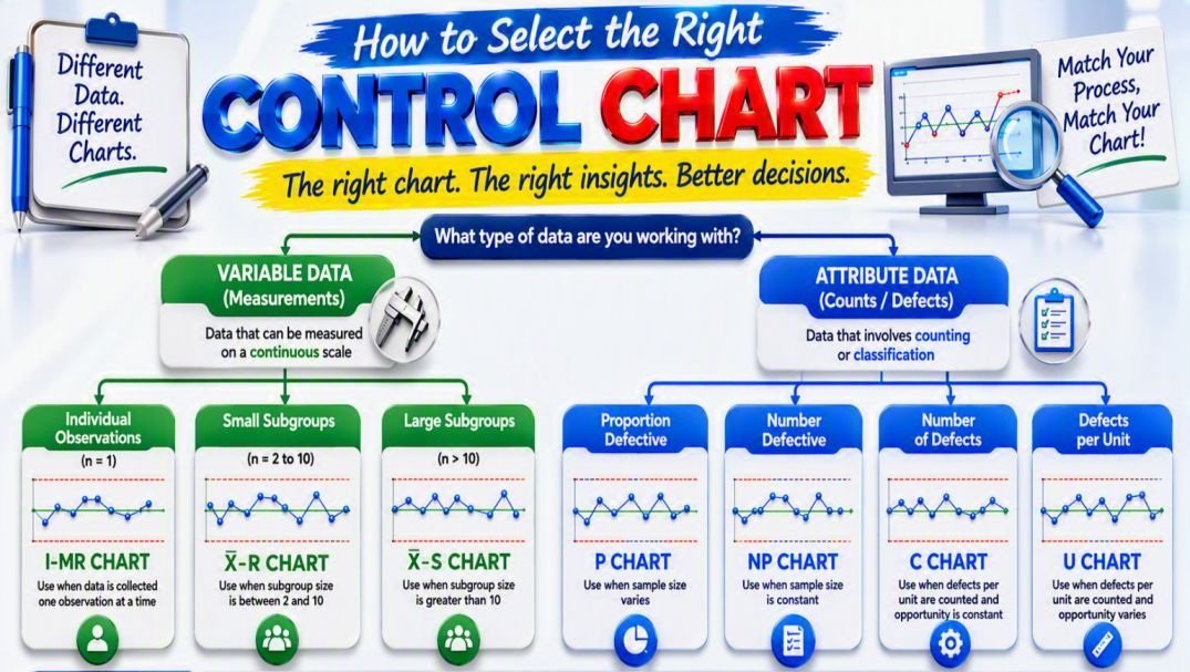 How to Select the Right Control Chart infographic showing an SPC control chart selection guide for variable and attribute data, including I-MR, X̄-R, X̄-S, P, NP, C, and U charts based on data type, sample size, and defect measurements.
