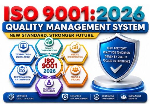 ISO 9001:2026 Quality Management System infographic highlighting key themes including leadership excellence, climate considerations, technology and digital trust, risk-based thinking, people and culture, sustainability, and continuous improvement.