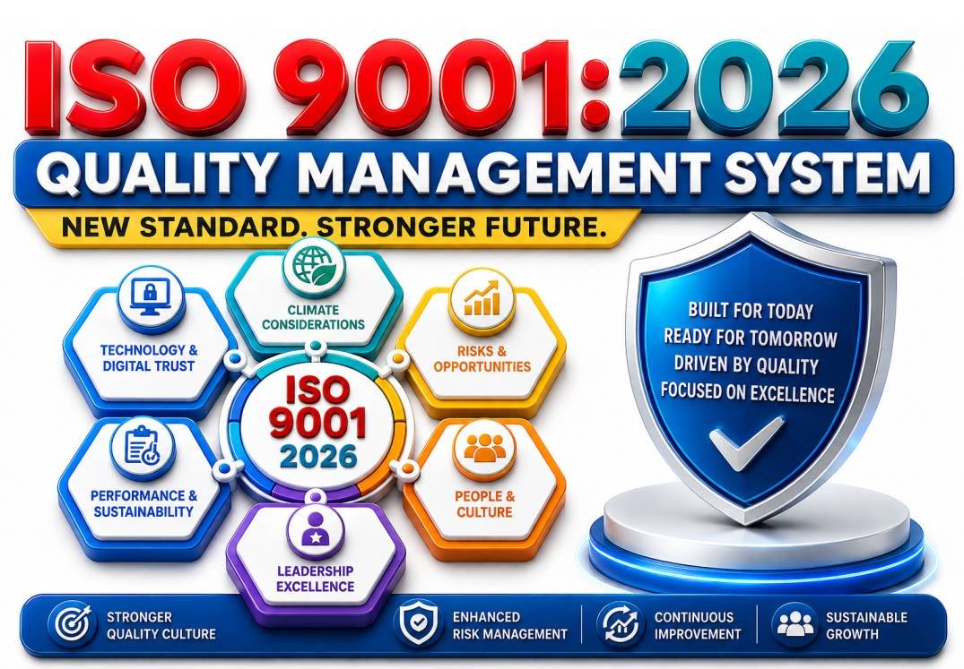 ISO 9001:2026 Quality Management System infographic highlighting key themes including leadership excellence, climate considerations, technology and digital trust, risk-based thinking, people and culture, sustainability, and continuous improvement.