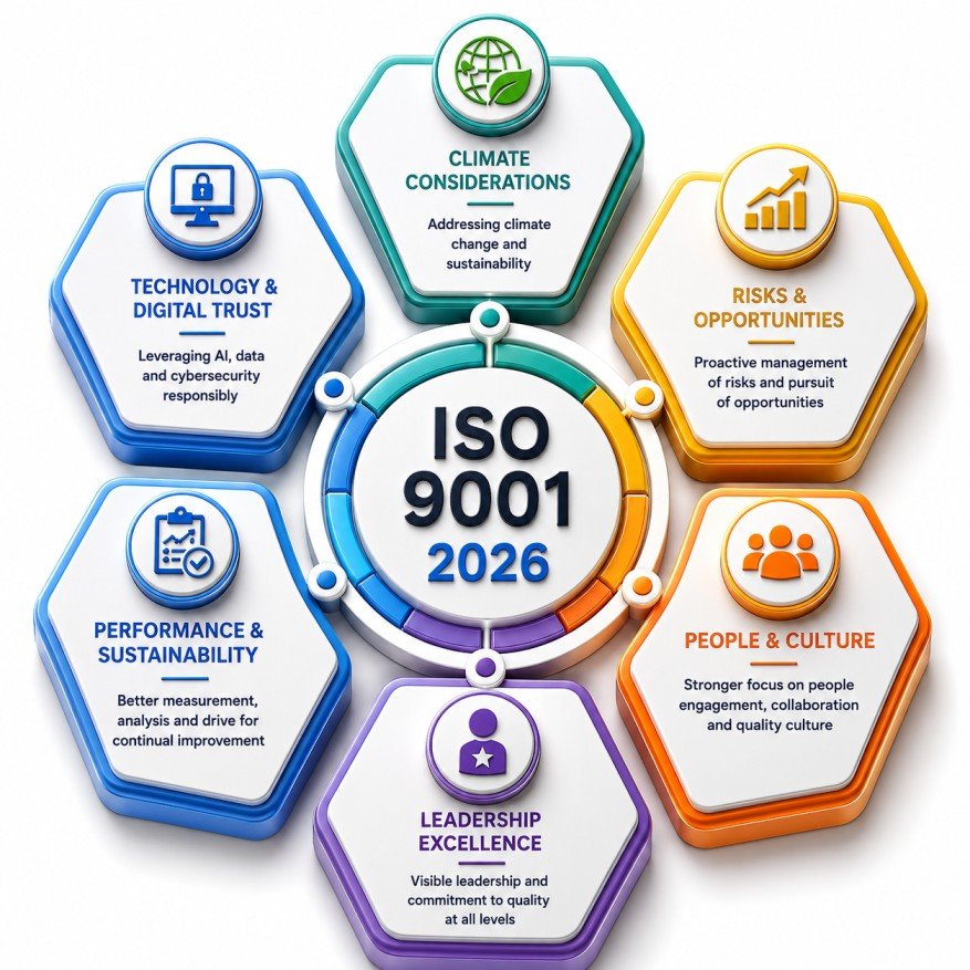 ISO 9001:2026 infographic highlighting key quality management focus areas including leadership excellence, people and culture, risks and opportunities, climate considerations, technology and digital trust, and performance and sustainability.