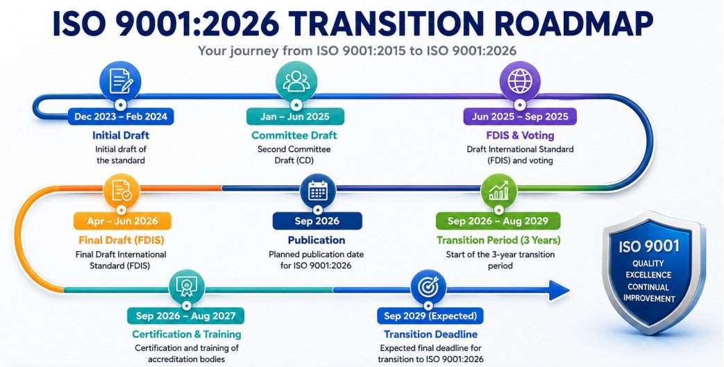 ISO 9001:2026 transition roadmap infographic illustrating the planned journey from ISO 9001:2015 to ISO 9001:2026, including draft stages, voting milestones, publication, certification preparation, transition period, and expected transition deadline.