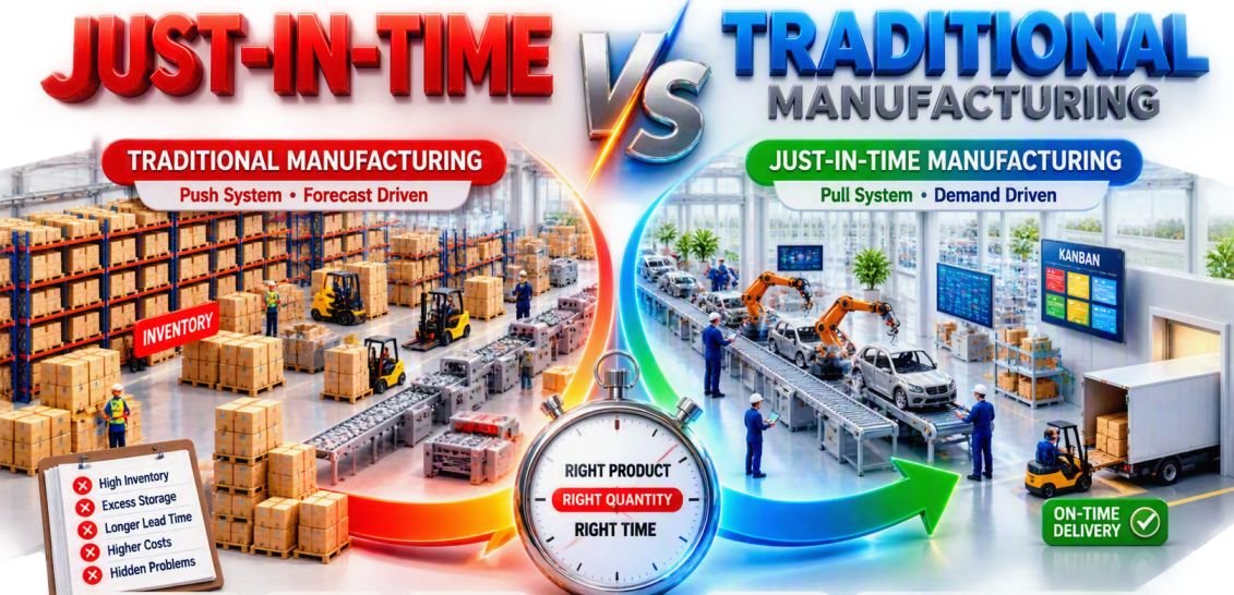 Comparison of Just-in-Time (JIT) and traditional manufacturing showing demand-driven production, lower inventory, Kanban systems, and on-time delivery versus forecast-based inventory stockpiling.