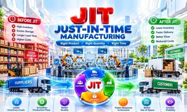 Just-in-Time (JIT) Manufacturing infographic showing inventory reduction, demand-driven production, supplier coordination, customer delivery, and key benefits such as lower costs and improved efficiency.