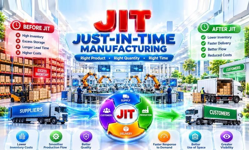 Just-in-Time (JIT) Manufacturing : How it Reduces Waste and Inventory Just-in-Time (JIT) Manufacturing infographic showing inventory reduction, demand-driven production, supplier coordination, customer delivery, and key benefits such as lower costs and improved efficiency.