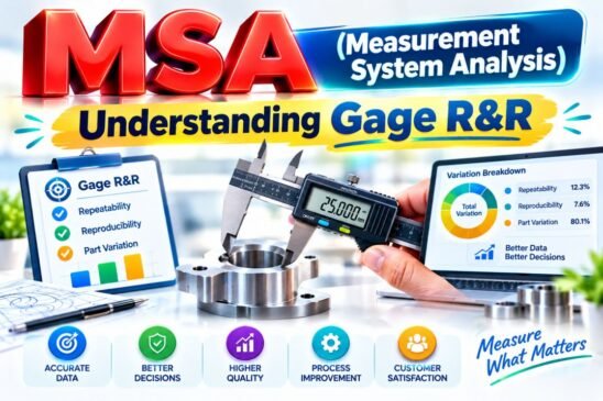 Measurement System Analysis (MSA) infographic illustrating Gage R&R concepts, including repeatability, reproducibility, part variation, and measurement system performance using a digital caliper, measurement data, and variation analysis charts.
