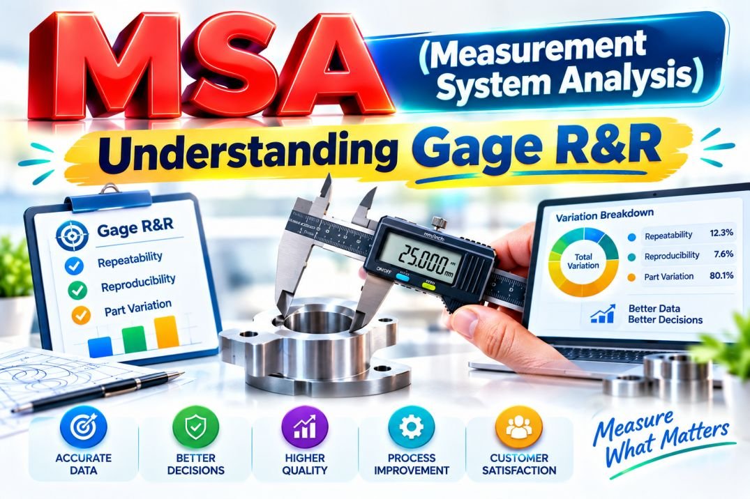 Measurement System Analysis (MSA) infographic illustrating Gage R&R concepts, including repeatability, reproducibility, part variation, and measurement system performance using a digital caliper, measurement data, and variation analysis charts.