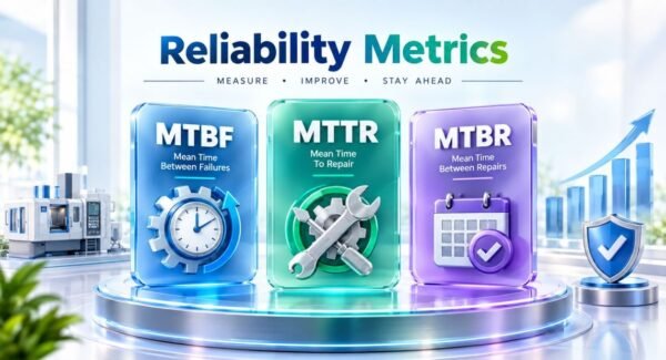 3D reliability metrics infographic showing MTBF (Mean Time Between Failures), MTTR (Mean Time To Repair), and MTBR (Mean Time Between Repairs) used to measure equipment reliability, maintenance performance, uptime, and asset availability.