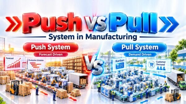 Push vs Pull manufacturing comparison showing forecast-driven production and inventory-based operations versus demand-driven production using Kanban and customer demand signals.