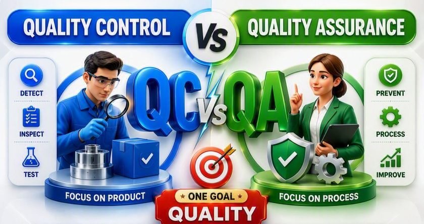 Quality Control vs Quality Assurance comparison infographic illustrating QC as a product-focused approach that detects defects through inspection and testing, and QA as a process-focused approach that prevents defects through process improvement, standards, and continuous improvement.
