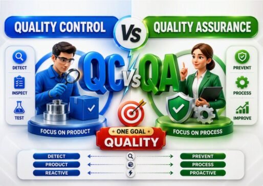 Quality Control vs Quality Assurance infographic comparing QC and QA approaches, showing QC focuses on detecting product defects through inspection and testing, while QA focuses on preventing defects through process improvement and quality systems.