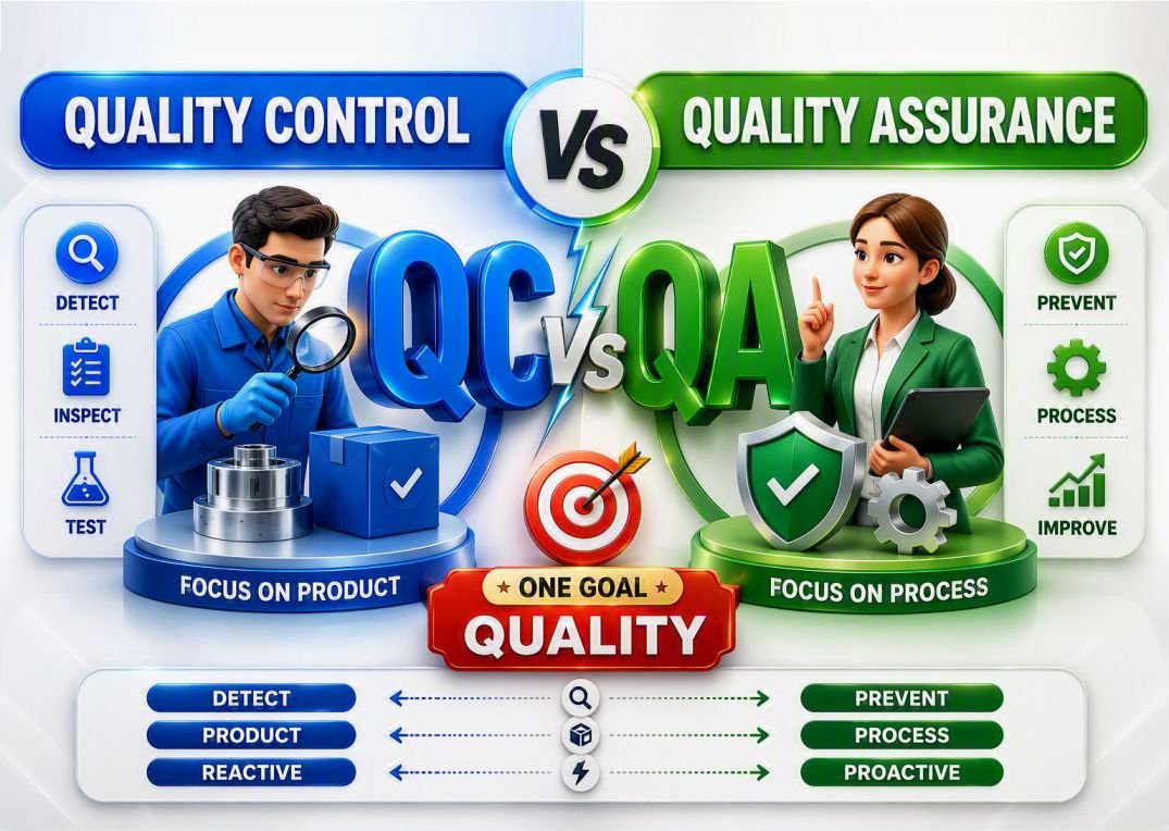 Quality Control vs Quality Assurance infographic comparing QC and QA approaches, showing QC focuses on detecting product defects through inspection and testing, while QA focuses on preventing defects through process improvement and quality systems.