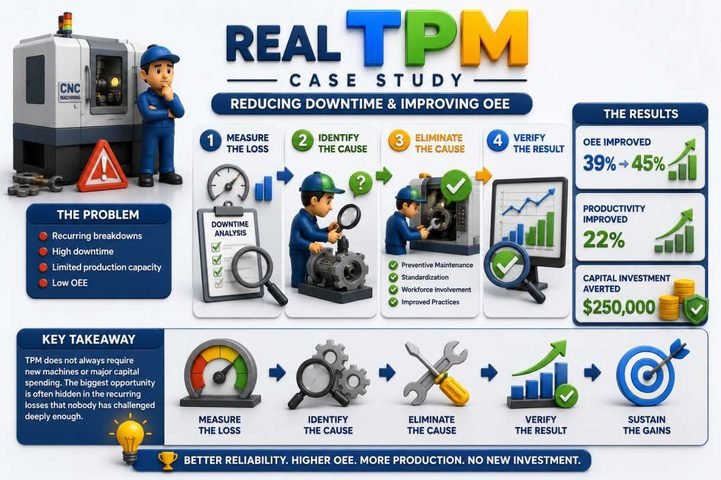 Real TPM case study infographic demonstrating how Total Productive Maintenance (TPM) reduces downtime and improves Overall Equipment Effectiveness (OEE) through loss measurement, root cause identification, corrective actions, result verification, and continuous improvement, leading to higher productivity, improved reliability, and cost savings.