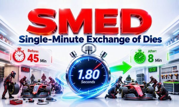 SMED (Single-Minute Exchange of Dies) infographic showing reduction of machine changeover time from 45 minutes to 8 minutes, improving production efficiency and manufacturing flexibility.