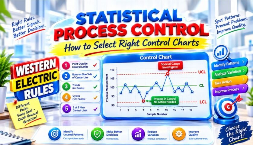 Statistical Process Control (SPC) infographic showing how to select the right control chart, apply Western Electric Rules, identify special cause variation, monitor process stability, and improve quality performance.