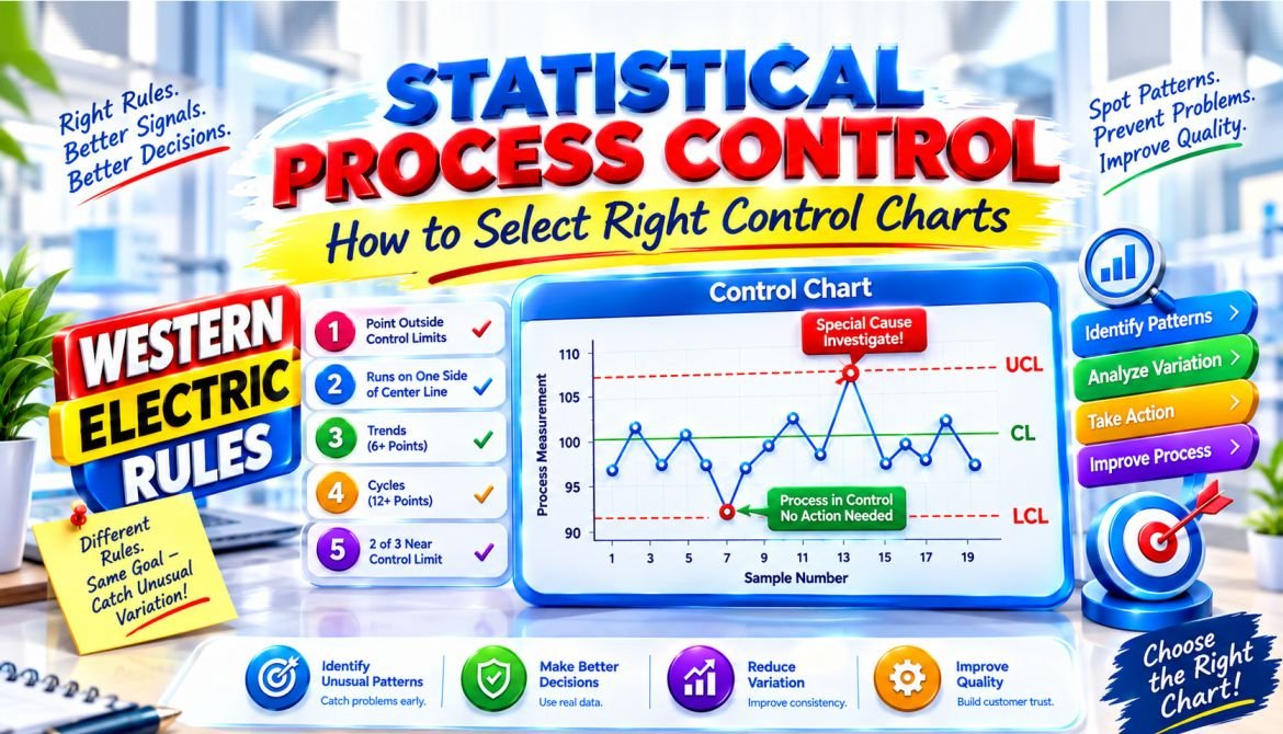 Statistical Process Control (SPC) infographic showing how to select the right control chart, apply Western Electric Rules, identify special cause variation, monitor process stability, and improve quality performance.