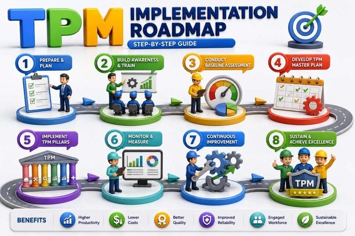 TPM Implementation Roadmap infographic showing an 8-step Total Productive Maintenance implementation journey, including planning, training, baseline assessment, TPM master planning, implementation of TPM pillars, performance monitoring, continuous improvement, and sustaining excellence to improve OEE, reliability, quality, productivity, and operational performance.