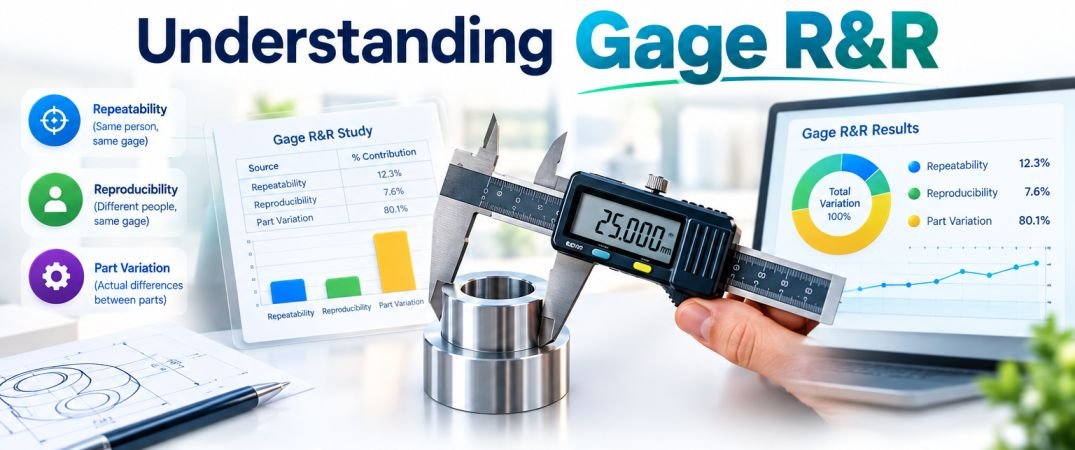 Understanding Gage R&R infographic explaining Measurement System Analysis (MSA) with repeatability, reproducibility, and part variation components, using digital caliper measurements, variation charts, and Gage R&R study results to assess measurement system performance.