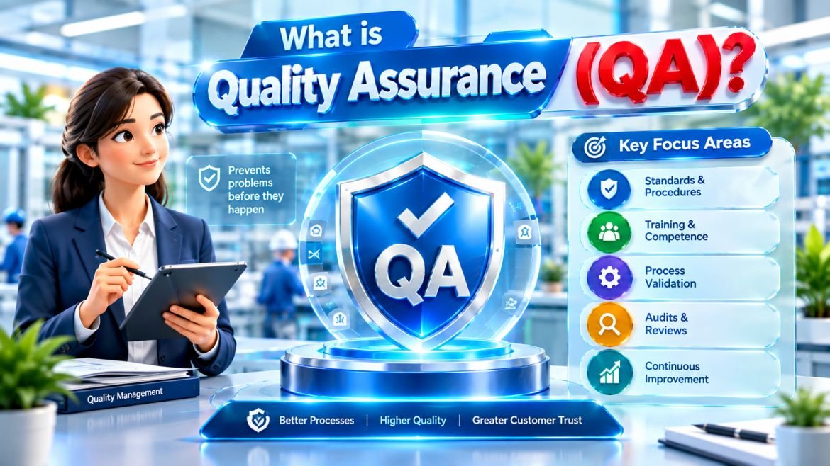 Quality Assurance (QA) infographic explaining how QA prevents defects through standards, procedures, training, process validation, audits, reviews, and continuous improvement to build quality into processes and products.