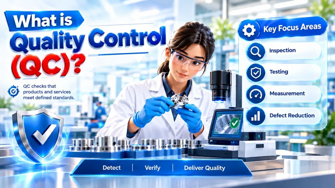 Quality Control (QC) infographic illustrating inspection, testing, measurement, and defect reduction activities used to verify that products meet specified quality standards and customer requirements.