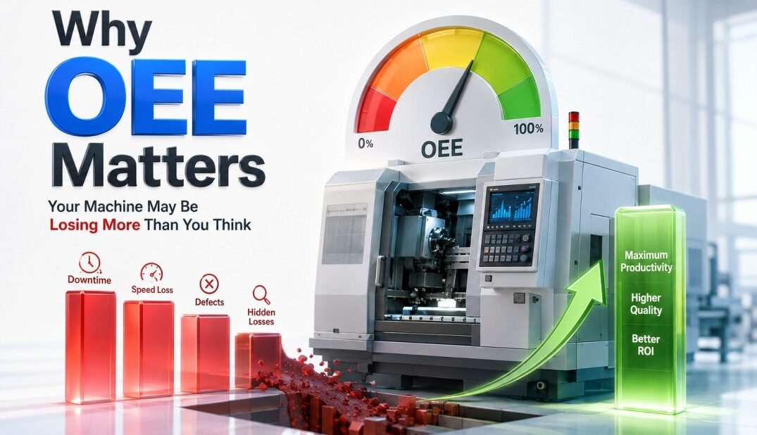 Why OEE Matters infographic showing how Overall Equipment Effectiveness helps identify downtime, speed losses, defects, and hidden production losses. Visual highlights improved productivity, higher quality, better ROI, and manufacturing efficiency through OEE measurement and continuous improvement.