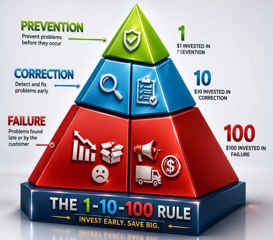 1-10-100 Rule infographic illustrating the cost of quality principle where investing $1 in prevention, $10 in correction, and $100 in failure costs demonstrates the financial benefits of early defect prevention and quality improvement.